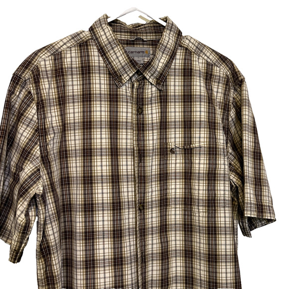Carhartt Relaxed Fit Short Sleeve Button Down Shirt Brown Plaid Pocket Men's Lg - Picture 2 of 8